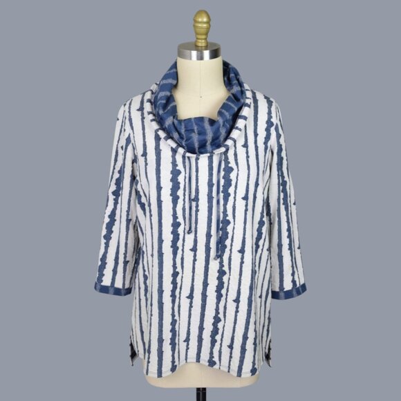 Ali Miles Sweaters - ALI MILES ABSTRACT VERTICAL STRIPE CREAM BLUE COWL NECK SWEATER